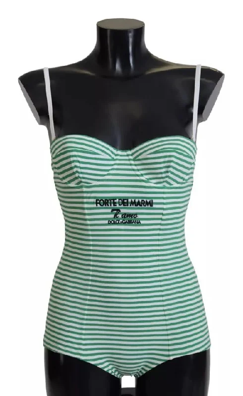Dolce & Gabbana White Green Stripes One Piece Beachwear Swimwear Trendy Swimsuit Bottoms