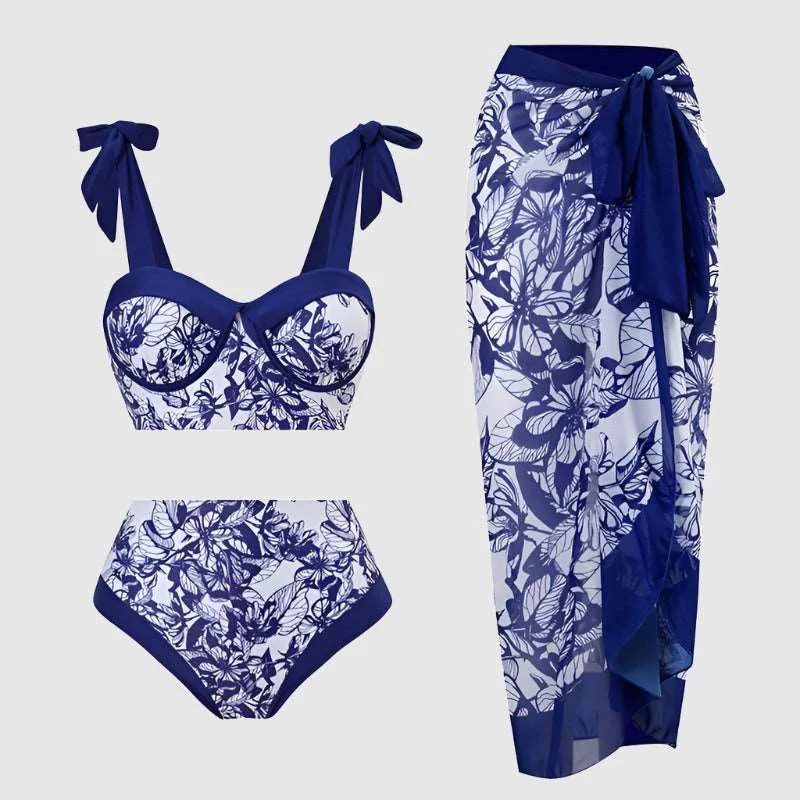 Women's High Waist Bikini Swimsuit with Cover-up Scarf Shiny One-Piece Swimsuit