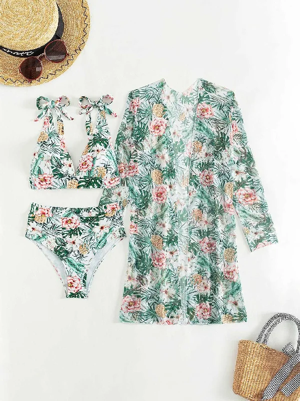 Women's Multicolor Printed Two-piece Swimsuit with Cover-up Robe Stylish Cover-Up Set