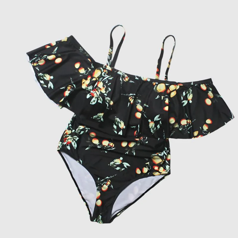 Women's Off-shoulder Ruffle Sleeve One-piece Swimsuit High-Waist Bikini Set