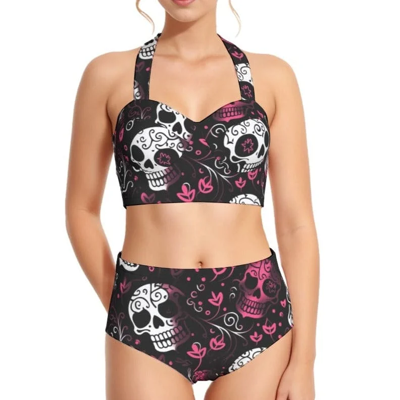 Women's Pink & White Skulls Floral Halter Swimsuit Set Tie-Back Swimwear