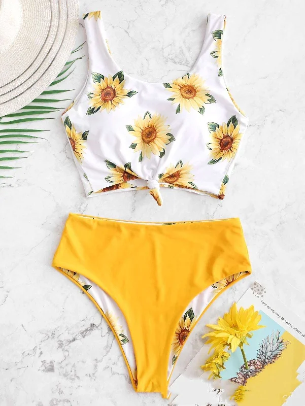 Women's Sunflower Print Two Way Wear Two-piece Swimsuit Tropical Print Bikini