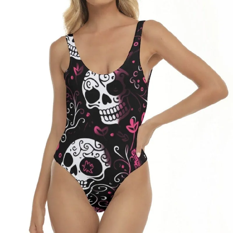 Women's White Pink Skulls One-piece Swimsuit Strappy Back Bikini