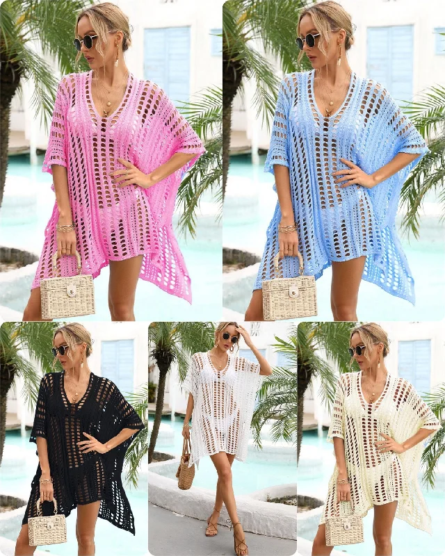 HOLLOW KNITTED BEACH WEAR SWIM COVER UP - ASSORTED COLORS Mesh Detail Bikini