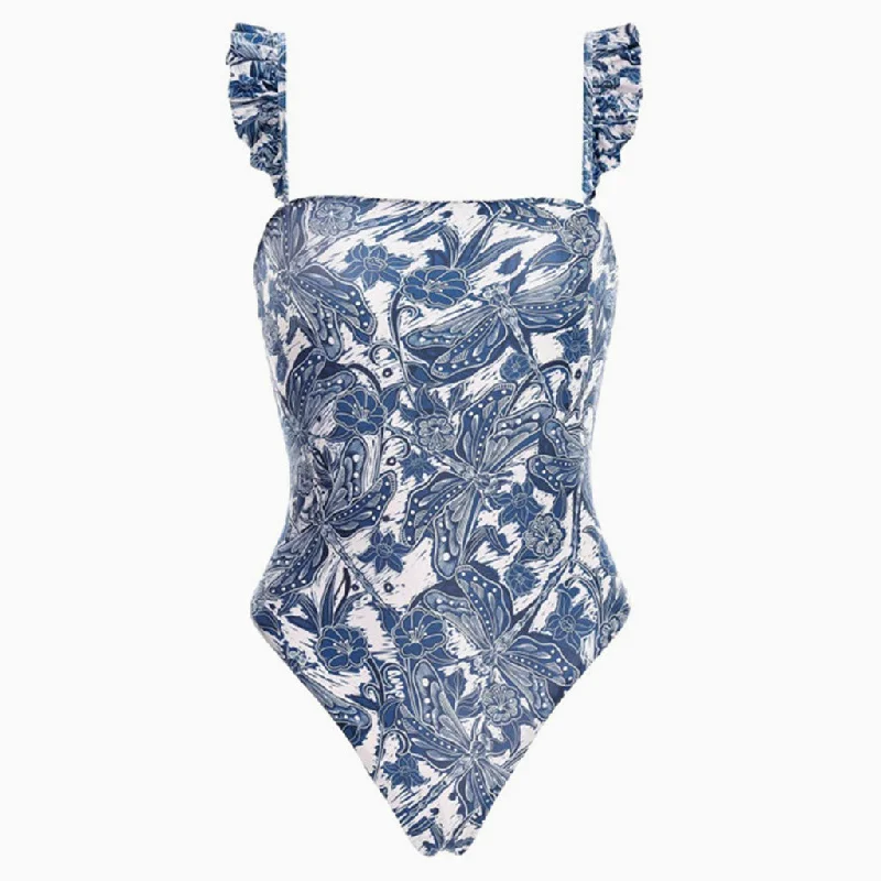 Tropical Print Moderate Ruffled Strap Square Neck One Piece Swimsuit Elegant Swim Dress