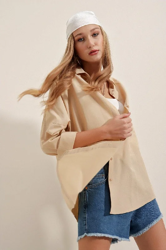 3900 Oversize Long Basic Shirt - Beige-- Print Jacquard Patchwork
