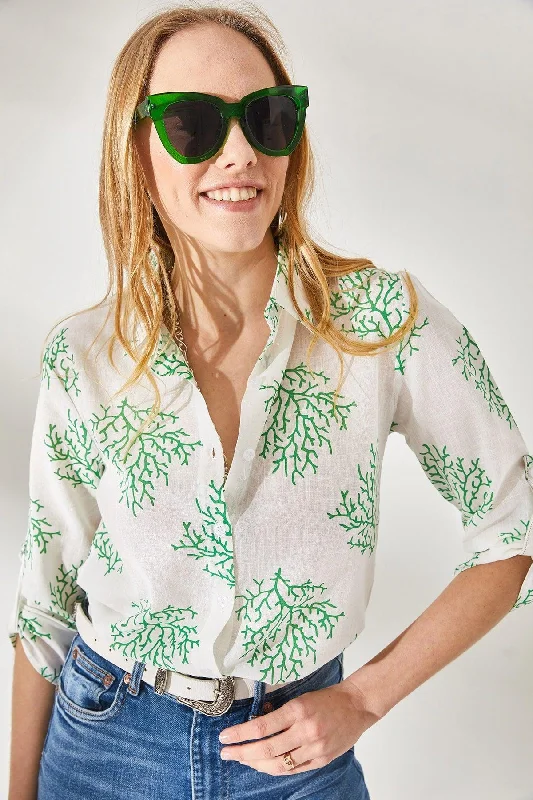 Women's Bush Green Sleeve Fold Linen Shirt GML-19000825-- Welt Pockets Slit Pockets Flap Pockets Women's Bush Green Sleeve Fold Linen Shirt GML-19000825-- Welt Pockets Slit Pockets Flap Pockets