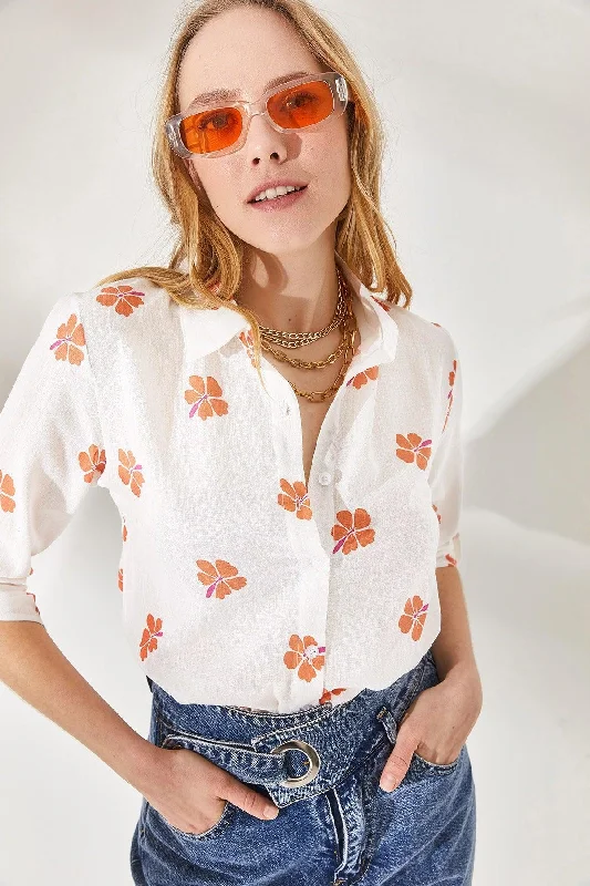 Women's Daisy Orange Sleeve Fold Linen Shirt GML-19000825-- Print Jacquard Patchwork