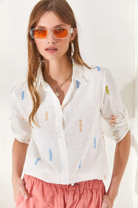 Women's Arrow Orange Blue Sleeve Fold Linen Shirt GML-19000825-- Collared Crew Neck Turtle Neck Women's Arrow Orange Blue Sleeve Fold Linen Shirt GML-19000825-- Collared Crew Neck Turtle Neck