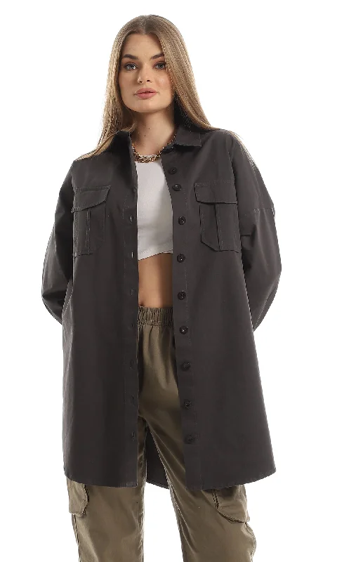 O155945 Casual Button Down Long Sleeved Shirt With Front Pockets - Olive-- Zippered Front Buttoned Front Snap Front