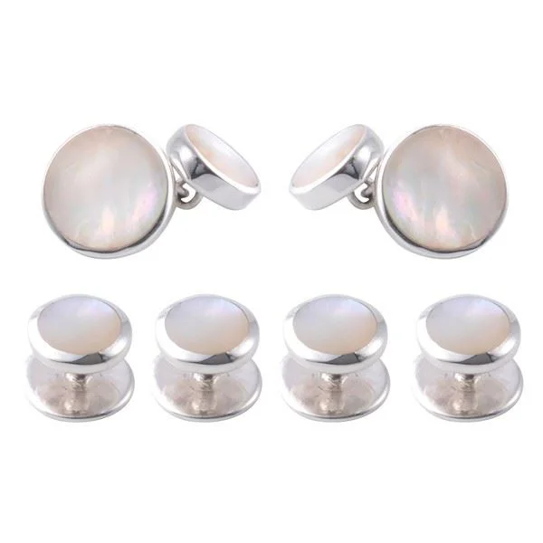 Sterling Silver Mother of Pearl Shirt Stud & Cufflink Set-- Beaded Sequined Faux Fur