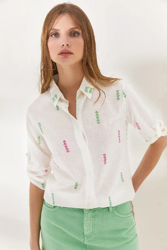 Women's Arrow Green Pink Sleeve Fold Linen Shirt GML-19000825-- Satin Blend Silk Blend Wool Blend Women's Arrow Green Pink Sleeve Fold Linen Shirt GML-19000825-- Satin Blend Silk Blend Wool Blend