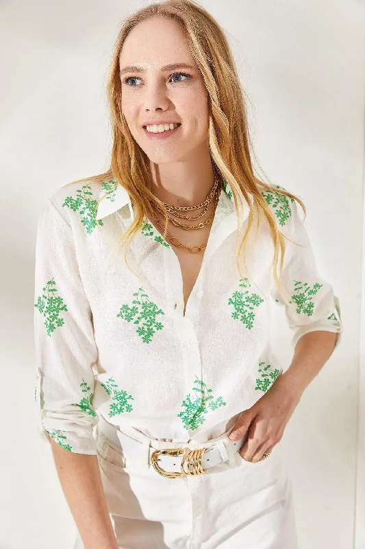 Women's Floral Green Sleeve Fold Linen Shirt GML-19000825-- Solid Print Embellished