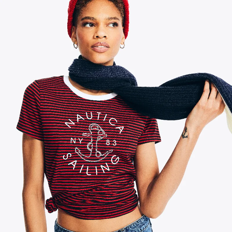 Nautica Womens Sustainably Crafted Striped Sailing Graphic T-Shirt-- Rayon Fabric Velvet Fabric Corduroy Fabric Nautica Womens Sustainably Crafted Striped Sailing Graphic T-Shirt-- Rayon Fabric Velvet Fabric Corduroy Fabric
