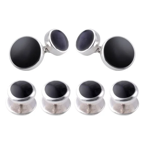 Sterling Silver Onyx Shirt Studs & Cufflink Set-- Graphic Embroidered Appliqued