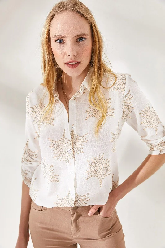 Women's Fan Beige Sleeve Fold Linen Shirt GML-19000825-- Embroidered Appliqued Beaded