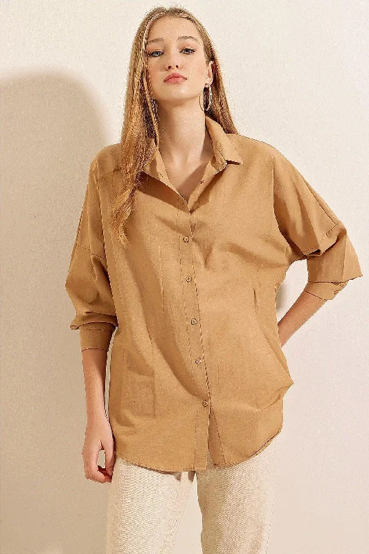 3900 Oversize Long Basic Shirt - Biscuit-- Lace Blend Ribbed Blend Corduroy Blend