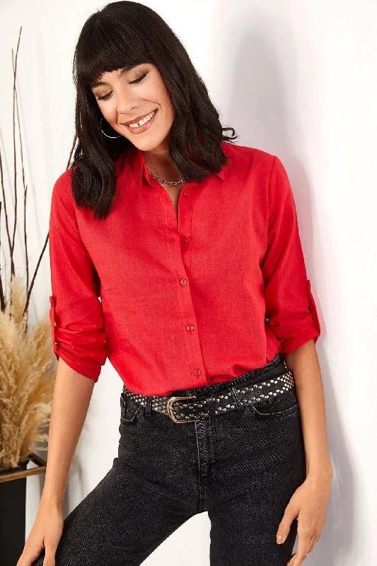 Women's Red Sleeve Fold Linen Shirt-- Spandex Blend Rayon Blend Denim Blend