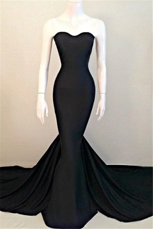 Bridelily Sweetheart Black Mermaid Evening Dresses Sexy Simple Court Train Party Dresses TB0024 Crew Neckline Casual