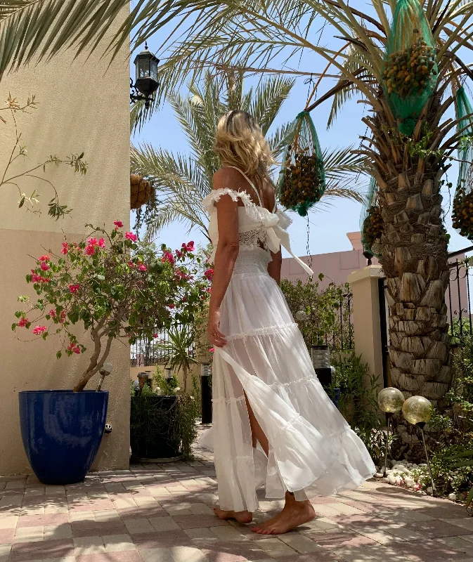 White silk/chiffon tiered maxi skirt elastic waist skirt