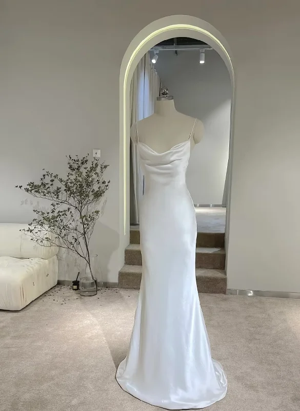 White Soft Satin Straps Simple Long Wedding Party Dresses, White Long Evening Dresses Pencil Length Work