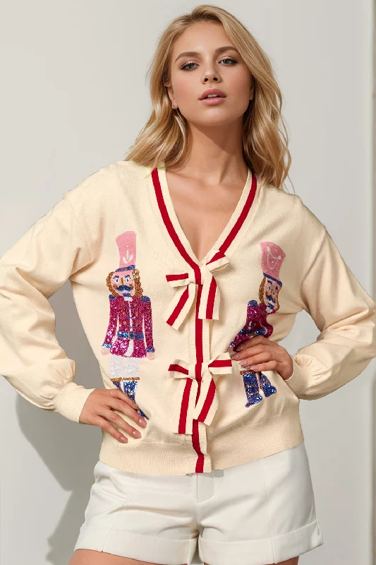 Double Take Full Size Nutcracker Sequin Bow Decor Cardigan Satin Blend Silk Blend Wool Blend Double Take Full Size Nutcracker Sequin Bow Decor Cardigan Satin Blend Silk Blend Wool Blend