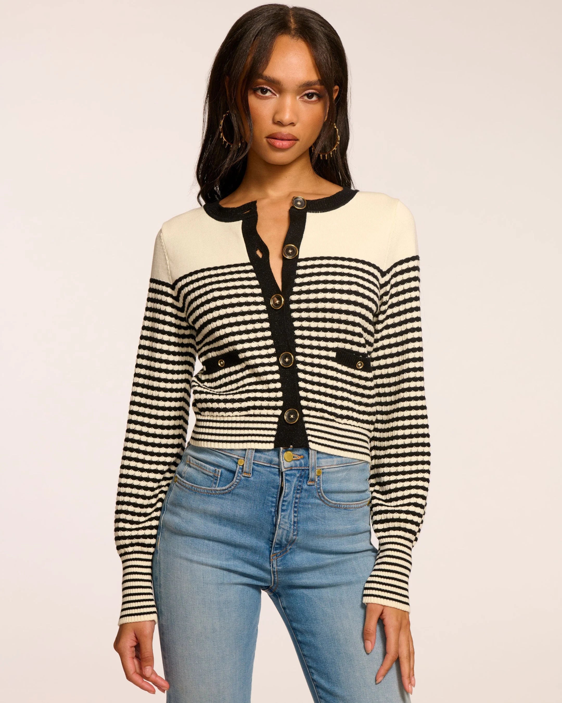 Bea Long Sleeve Cardigan Sweater Black/Ivory Textured Stripe - Ramy Brook Notch Collar Peter Pan Collar Cowl Neck