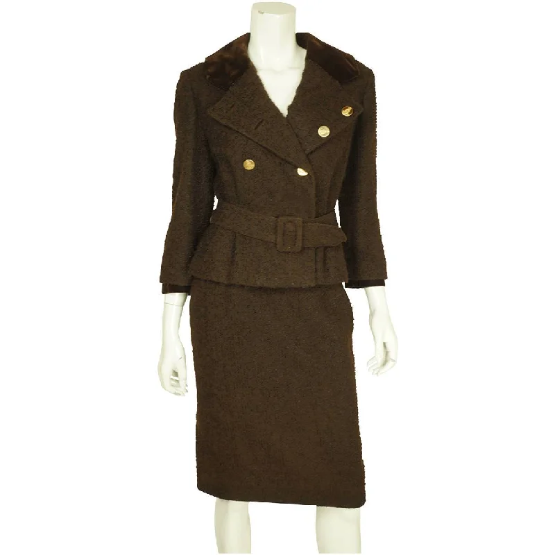 Vintage 1950s Skirt Suit Brown Boucle Wool Hand Tailored Size S M silk skirt lustrous