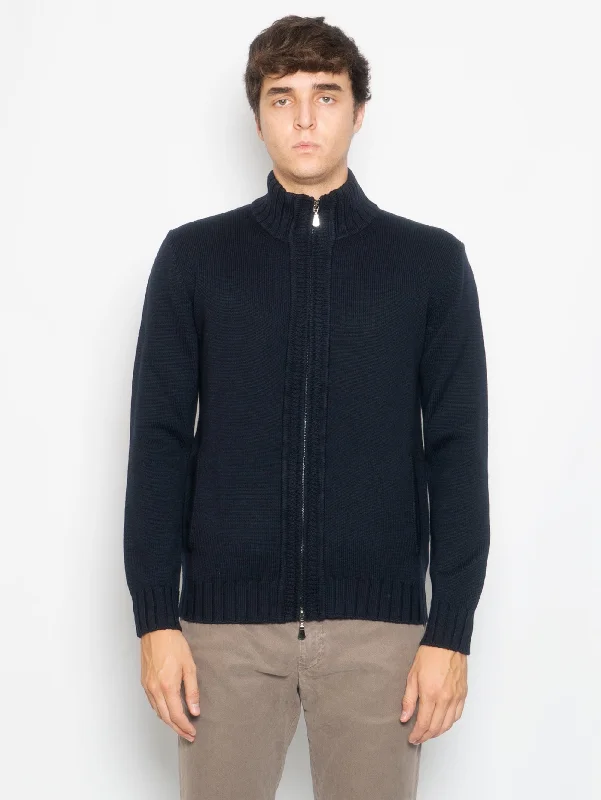 Cardigan in Maglia Full Zip Blu Velvet Chenille Corduroy