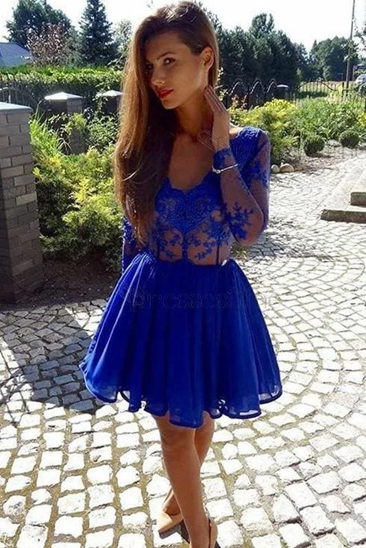 Chic Excellent Elegant A-Line V-Neck Long Sleeves Chiffon Lace Homecoming Royal Blue Party Dress Tunics Floral girly