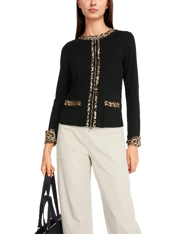 MARC CAIN Black Jacket With Leopard Print Detail Tiered Jacket Buttoned Jacket Zippered Jacket MARC CAIN Black Jacket With Leopard Print Detail Tiered Jacket Buttoned Jacket Zippered Jacket
