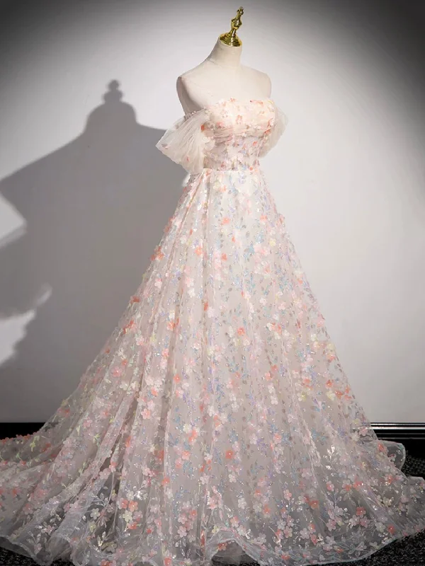 Lovely Three-dimensional Floral Floor Length Prom Dresses, Off the Shoulder Evening Party Dresses Tunics Prom sequined