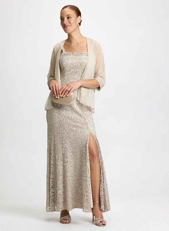 Sheer Jacket & Lace Dress Set V-Neck Jacket Boat Neck Jacket Square Neck Jacket