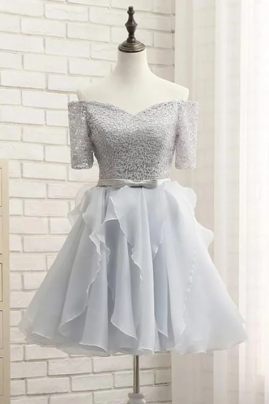 Silver Off-the-shoulder Homecoming Half Sleeve Short Prom Party Dress with Band Halter Neckline Beach