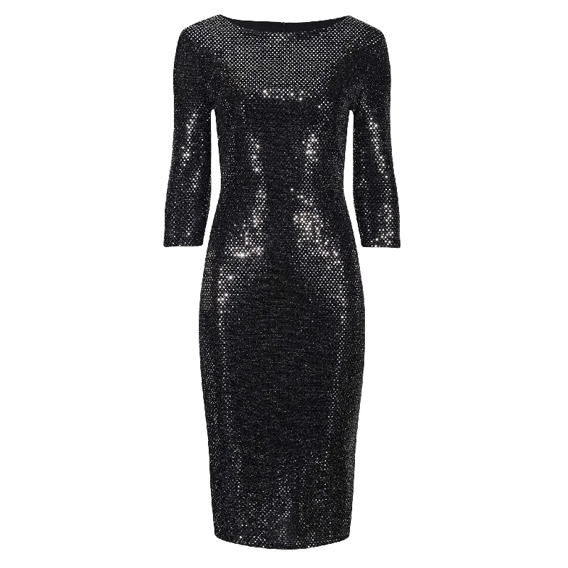 Black And Silver Sequin 3/4 Sleeve Bodycon Pencil Wiggle Party Dress Tunics Winter warm