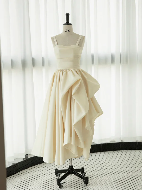 Irregular Champagne Tea Length Prom Dress, Simple A-Line Evening Party Dress Tunics Bridal satin