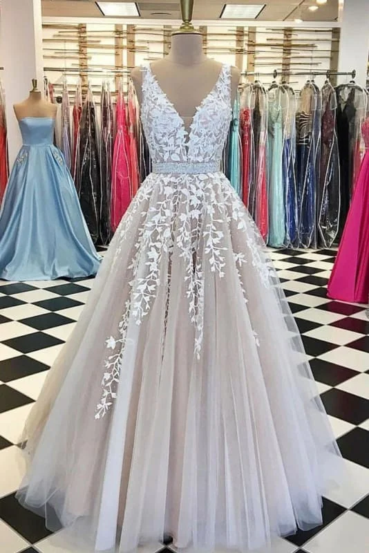 A Line Applique Tulle Prom Long V Neck Sleeveless Party Dress with Beading Tunics Business professional
