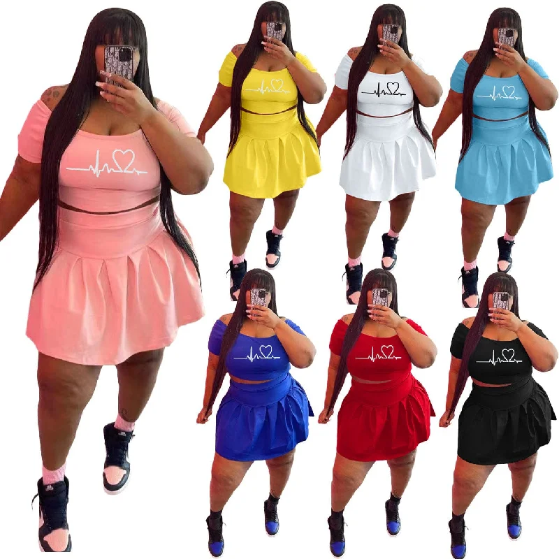 Z88303 New arrivals Plus size Sexy women Print summer two piece off shoulder Short sleve skirt set pleated skirt texture