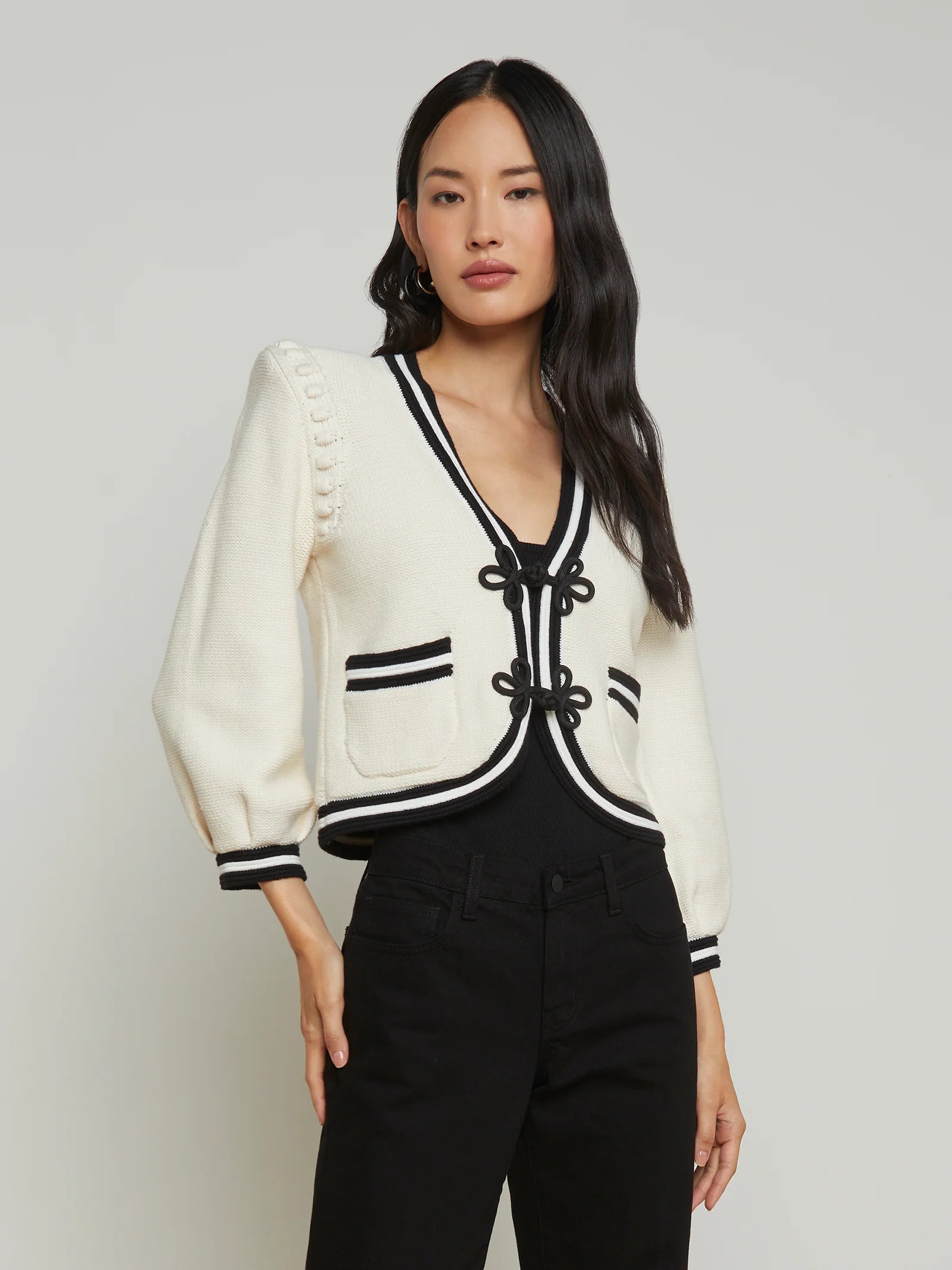 Kaito Cropped Cardigan Ivory/Black - L'AGENCE Fleece Cardigan Nylon Polyester
