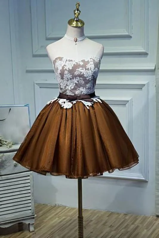 Strapless Tulle Homecoming Lace Appliqued Bowknot Short Prom Party Dress Square Neckline Feminine