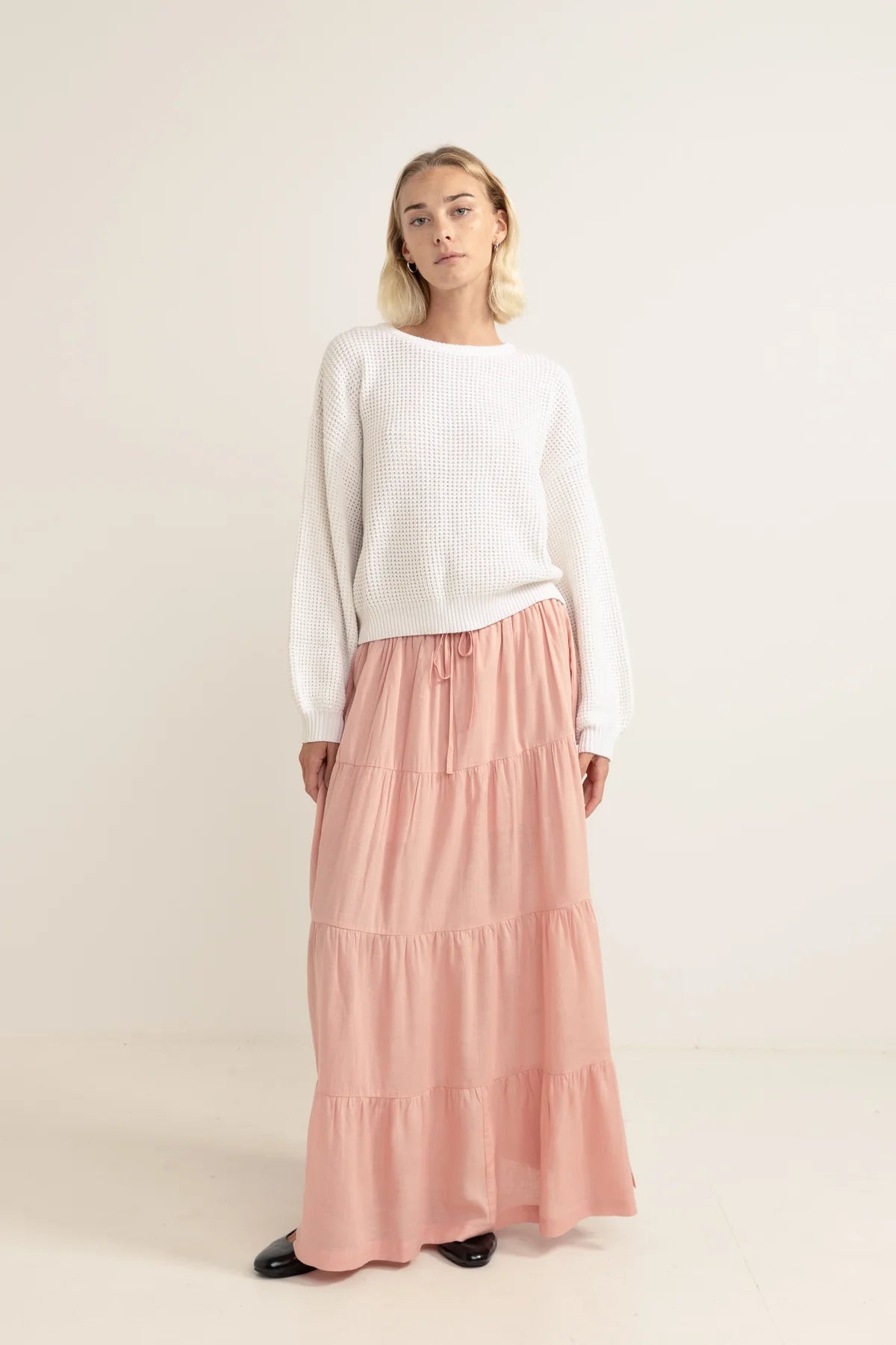 Classic Tiered Maxi Skirt - Rose ruffled skirt detail