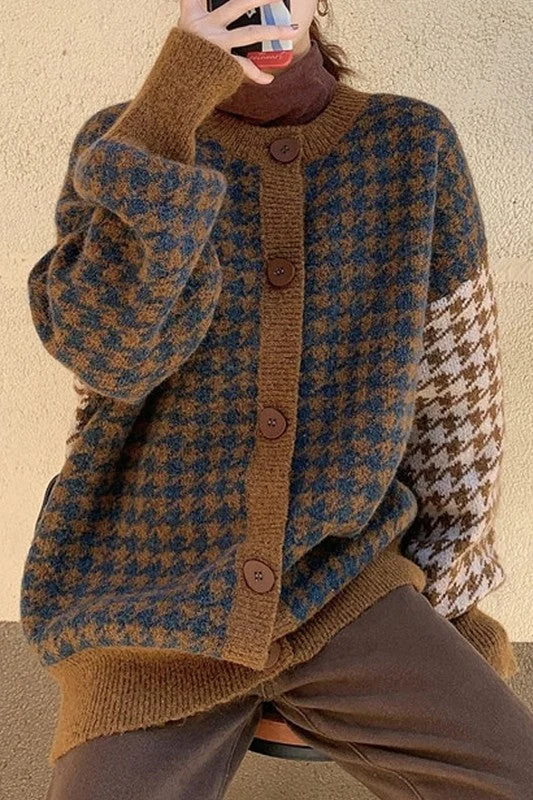 SOFT THICK HOUNDSTOOTH PRINTED KNITTED CARDIGAN Fleece Cardigan Nylon Polyester