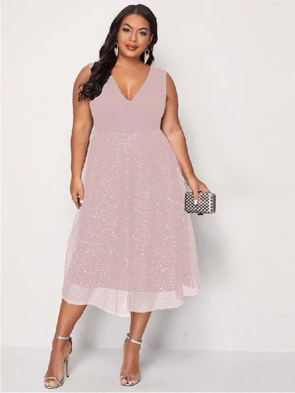 Pink Large Plus Size 4XL Midi Dress Women 2023 Summer Autumn Mesh Elegant Curvy Ladies Cocktail Prom Evening Party Dresses Mermaid Tail Wedding