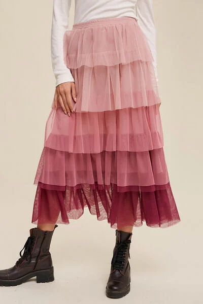 Rose Sweetheart Layered Tulle Midi Skirt chiffon skirt airy