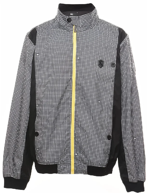 Checked Monochrome Contrast Zipper Nylon Jacket - XL Faux Fur Fabric Real Fur Fabric Shearling Fabric