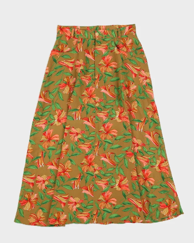 Beige With Orange Floral Pattern Midi Skirt - S ruffled skirt detail