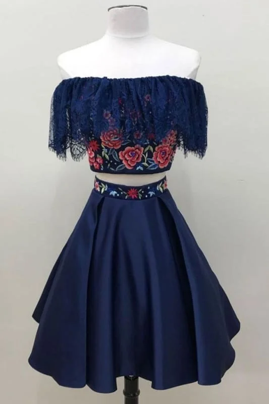 Two Piece Dark Blue Off the Shoulder Satin Homecoming Unique Party Dress with Lace Tunics Yoga stretchy