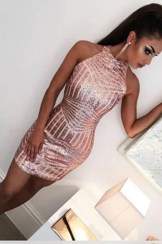 Sexy Rose Gold Jewel Sheath Mini Sleeveless Party Dresses Homecoming Cocktail Dress Tunics Corduroy durable