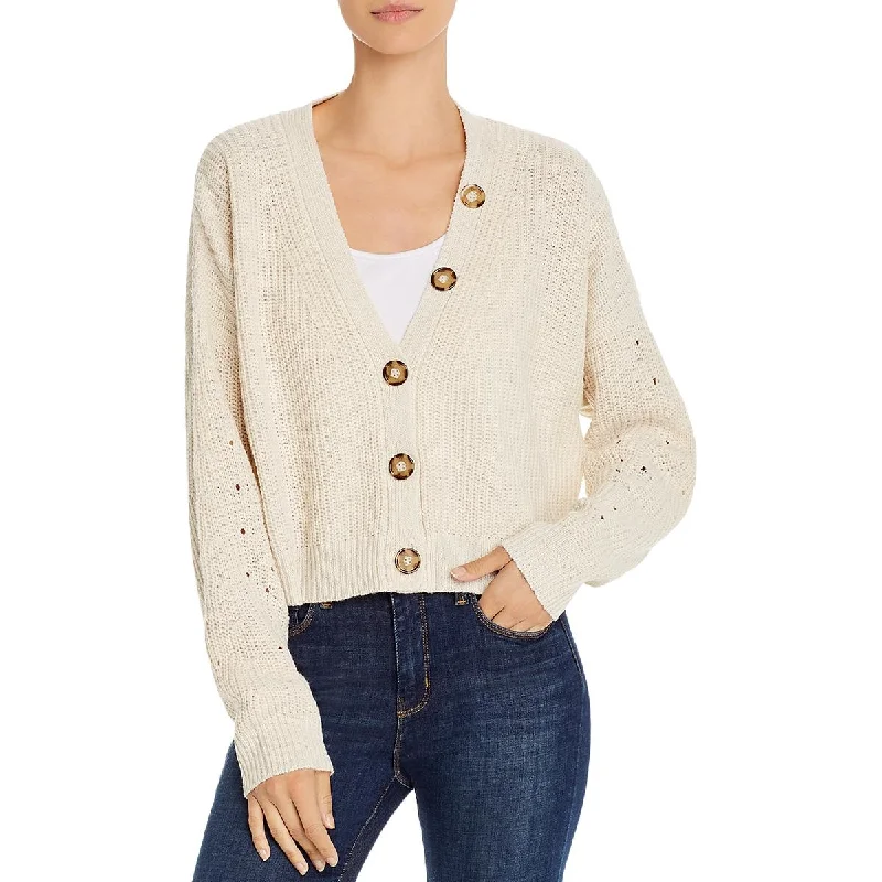 Line & Dot Womens V-Neck Cropped Cardigan Sweater Faux Fur Fabric Real Fur Fabric Shearling Fabric