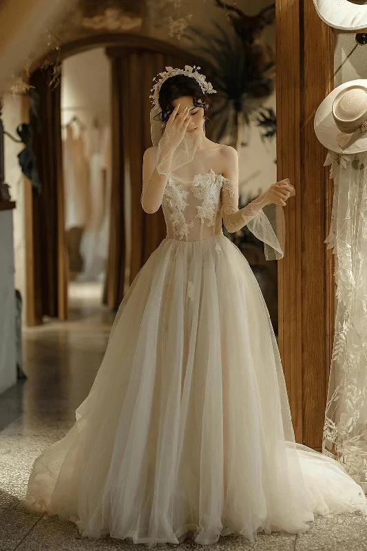 Light Champagne Tulle Lace Long Prom Dress, A-Line Strapless Evening Party Dress Pencil Length Work Light Champagne Tulle Lace Long Prom Dress, A-Line Strapless Evening Party Dress Pencil Length Work